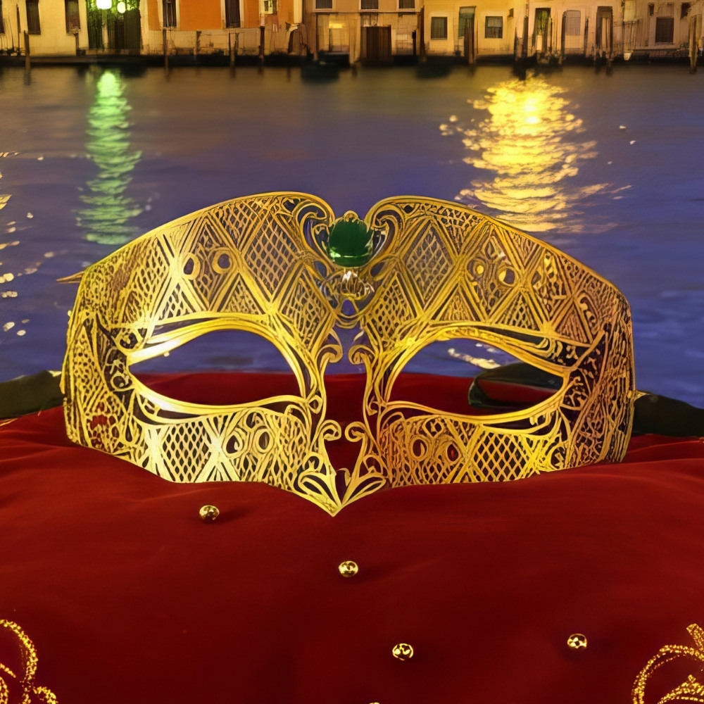 Masque Carnaval de Venise doré en métal ajouré avec pierres vertes, motif baroque, posé sur tissu rouge