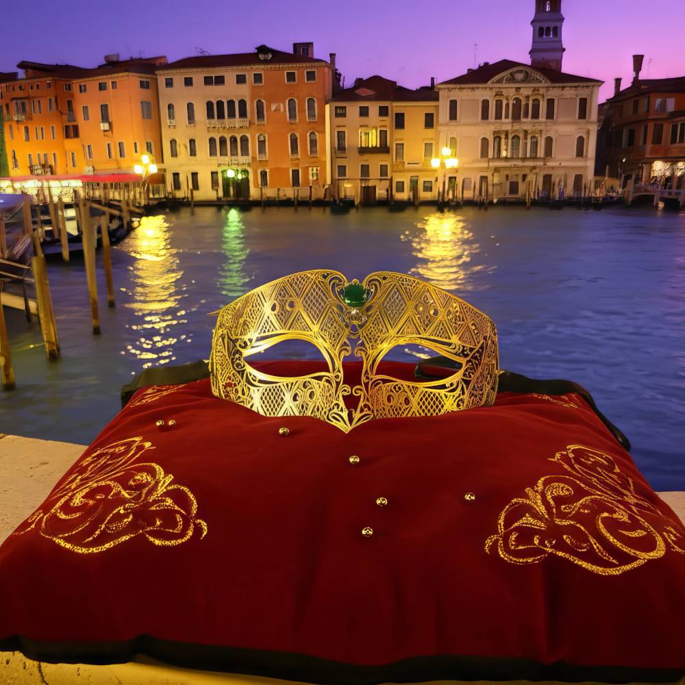 Masque Carnaval de Venise doré avec pierres vertes posé sur coussin rouge brodé avec fond canal vénitien au coucher du soleil