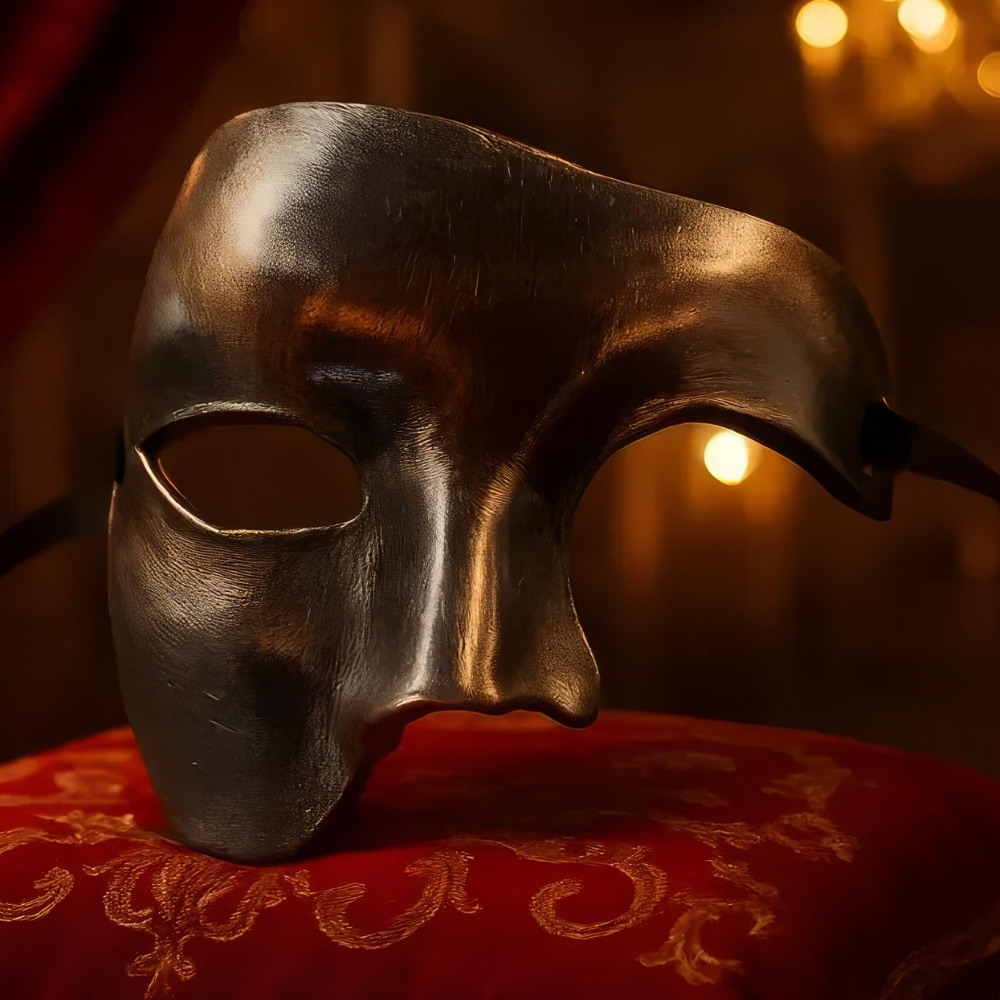 Masque carnaval de Venise noir brossé demi-visage avec finition mate posé sur tissu rouge brodé