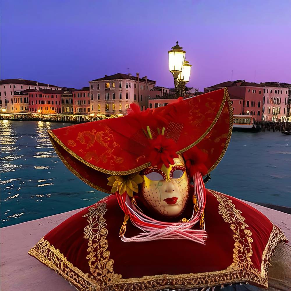 Masque Carnaval de Venise visage et coiffe baroque rouge et or avec décor doré et rubans, sur fond de canal vénitien au crépuscule
