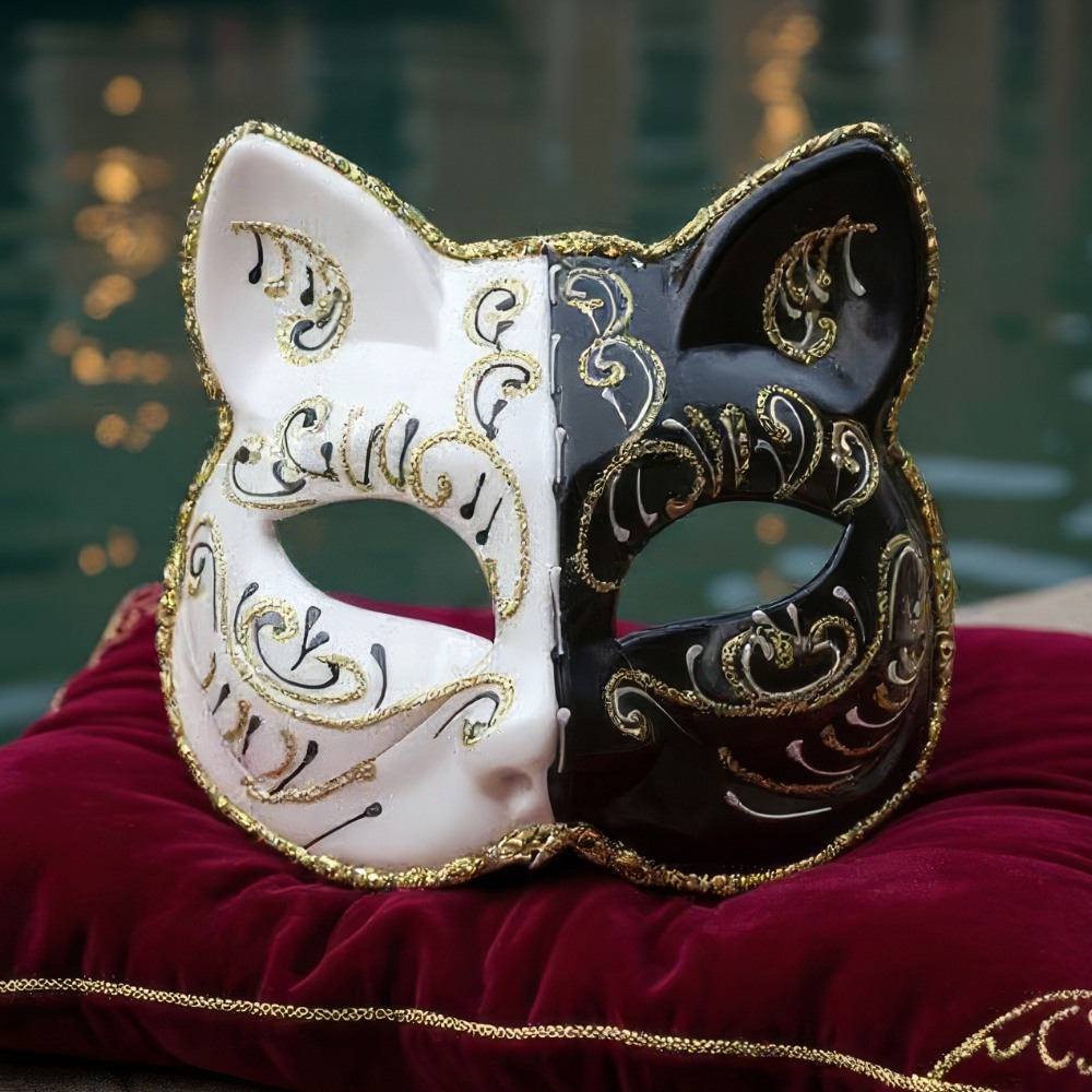 Masque Chat Commedia Dell’Arte bicolore noir et blanc avec décorations dorées, posé sur coussin rouge