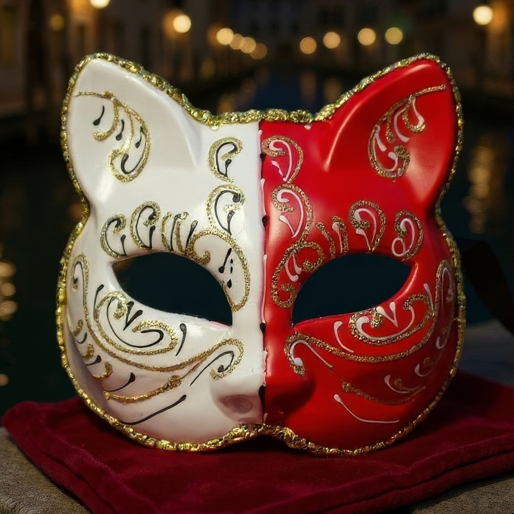 Masque Chat Commedia Dell’Arte bicolore rouge et blanc avec motifs dorés et bordure dorée, style vénitien pour carnaval ou bal masqué