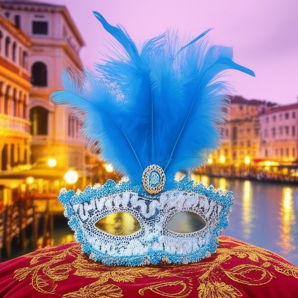 Masque Commedia Dell’Arte bleu à plumes avec décor baroque argenté et strass, posé sur tissu rouge brodé, fond Venise au crépuscule