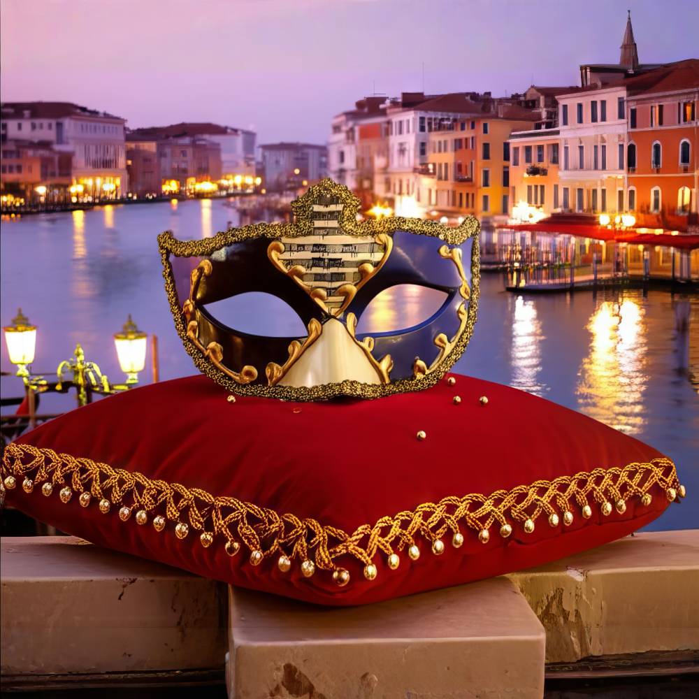 Masque Commedia Dell’Arte musical bleu noir et or posé sur un coussin rouge orné de galon doré, décor baroque avec motifs dorés et forme élégante