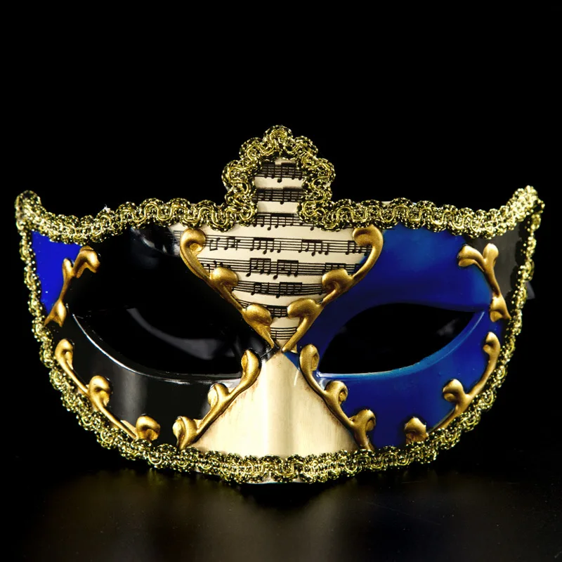 Masque Commedia Dell’Arte musical bleu noir et or avec décor doré et partition de musique centrale, bordure dorée festonnée