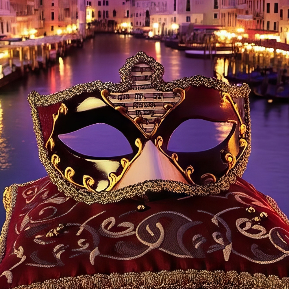 Masque Commedia Dell’Arte musical rouge noir et or avec décorations dorées et motif de partition musicale, posé sur coussin rouge brodé, fond canal vénitien au crépuscule
