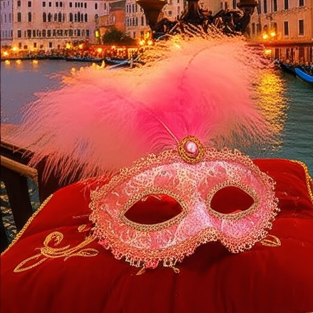 Masque Commedia Dell’Arte rose orné de dentelle et de plumes roses avec un bijou central, posé sur un coussin rouge devant un canal vénitien au coucher du soleil