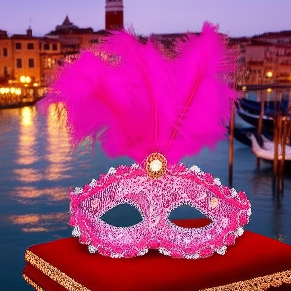 Masque Commedia Dell’Arte violet à plumes avec dentelle et strass, décor baroque, posé sur un coussin rouge devant un canal vénitien au crépuscule