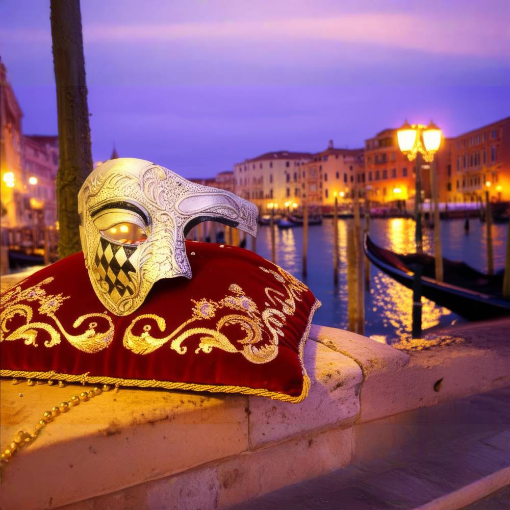 Masque demi-visage Arlequin argent et noir en forme de bec d'oiseau avec motif losanges, posé sur un coussin rouge brodé doré au bord d'un canal à Venise au coucher du soleil