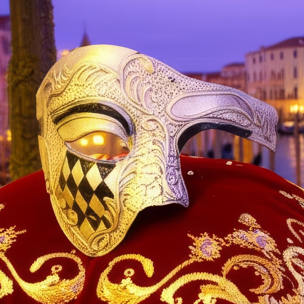 Masque demi-visage Arlequin argent et noir avec motif losanges et décor baroque posé sur tissu rouge brodé doré