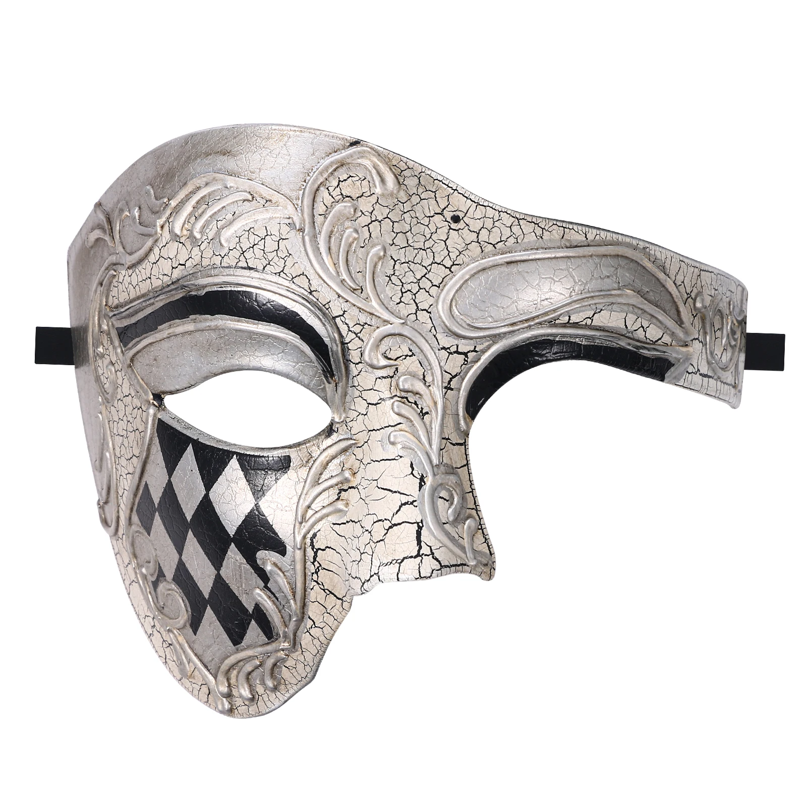 Masque demi-visage Arlequin argent et noir avec motif losanges noirs sur joue gauche et décor baroque craquelé