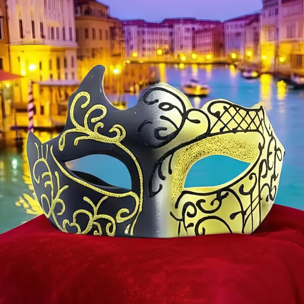 Masque loup vénitien bicolore noir et doré avec motifs baroques et arabesques élégantes, posé devant un canal de Venise au coucher du soleil