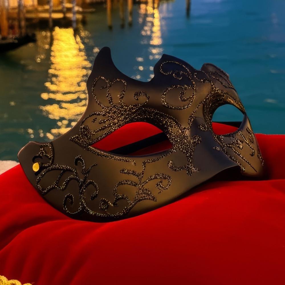 Masque loup vénitien noir en matière mate avec motifs baroques en relief, intérieur rouge, posé sur un coussin rouge devant un canal au crépuscule