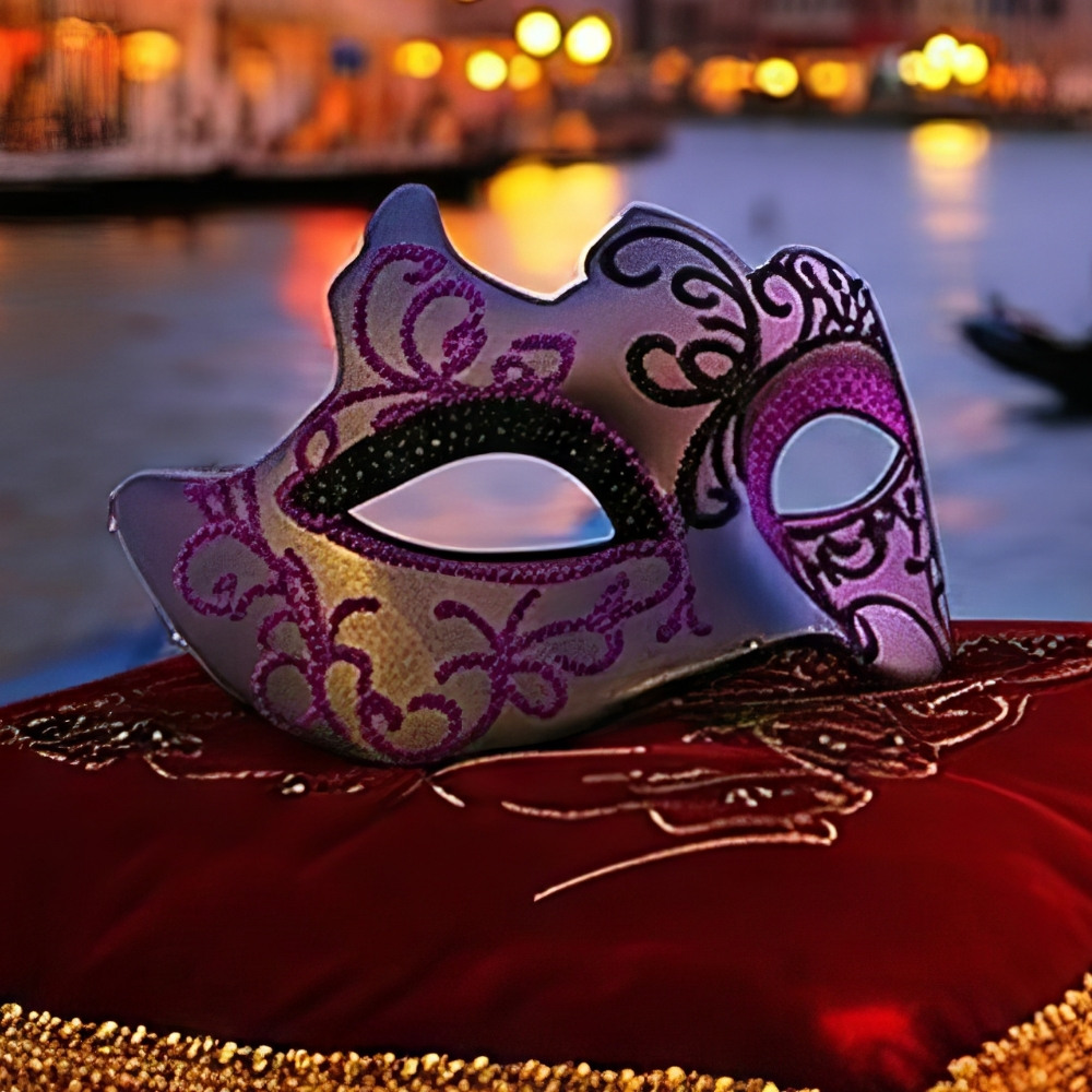 Masque loup vénitien violet avec motifs baroques noirs et violets sur fond doré posé sur coussin rouge