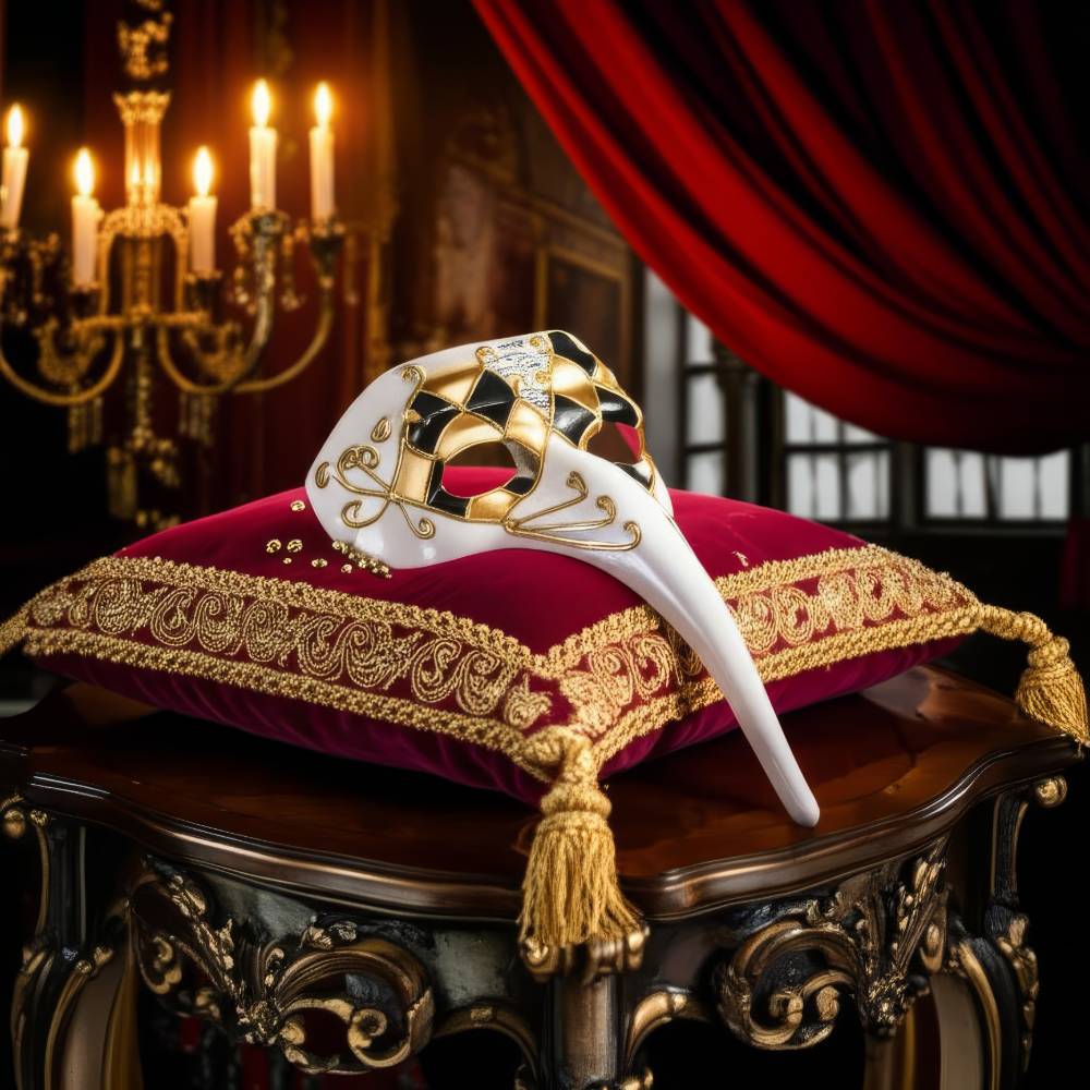 Masque Commedia Dell’Arte Médecin De La Peste blanc avec motif arlequin noir et doré, posé sur un coussin rouge brodé doré dans un décor baroque