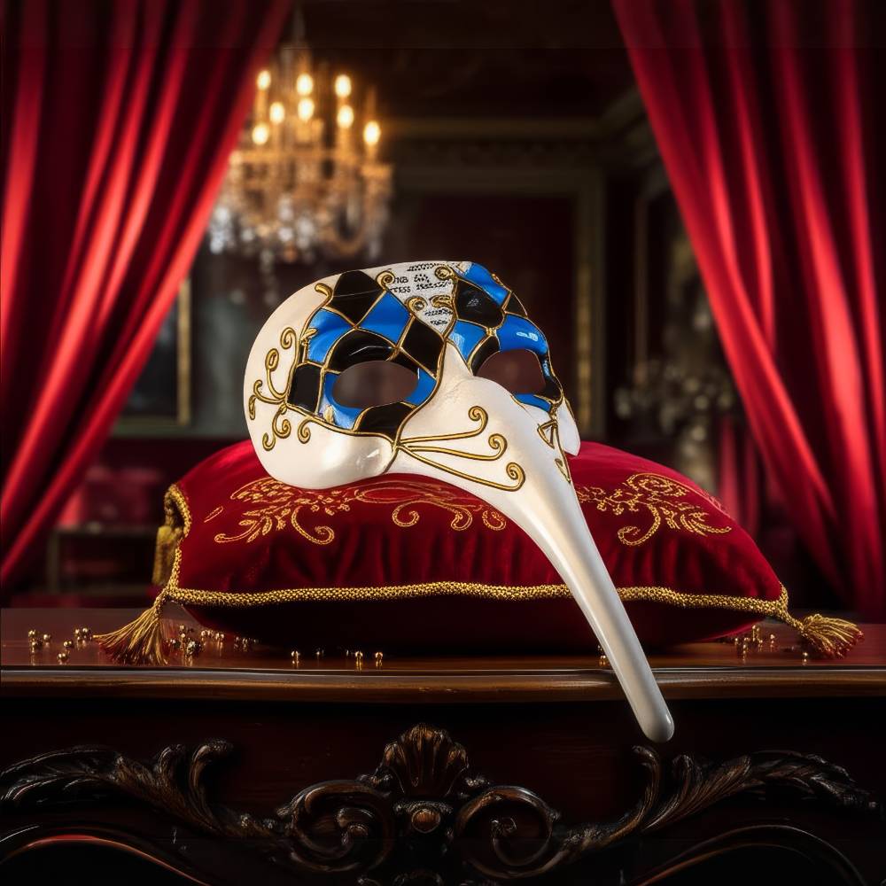 Masque Commedia Dell’Arte Médecin De La Peste en céramique blanche avec motifs arlequin bleu et doré, posé sur un coussin rouge brodé, style vénitien baroque