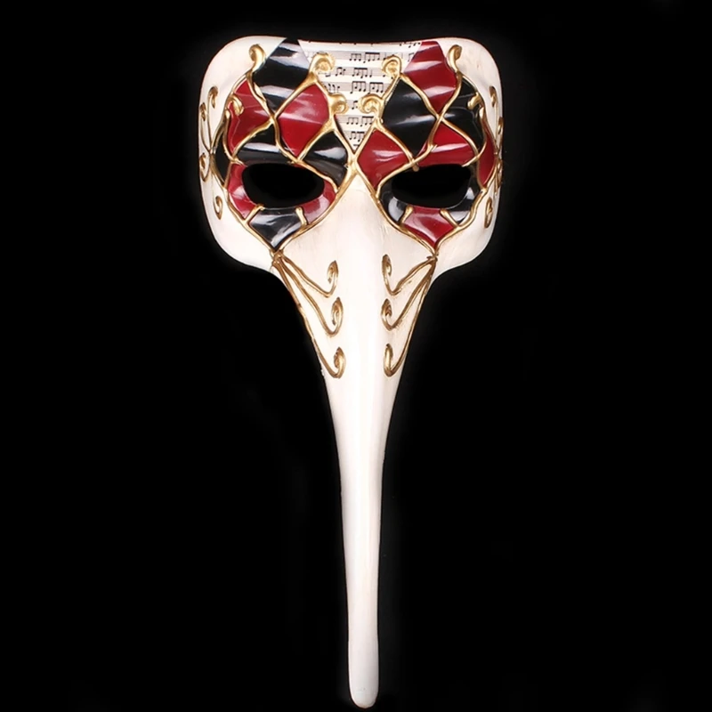 Masque Commedia Dell’Arte Médecin De La Peste en blanc avec motifs arlequin rouge et noir et décor doré, vue de face avec long nez caractéristique
