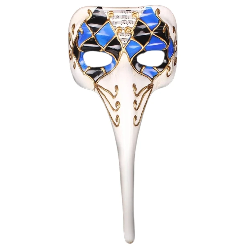Masque Commedia Dell’Arte Médecin De La Peste en blanc avec motifs losanges bleus et dorés, décor baroque élégant