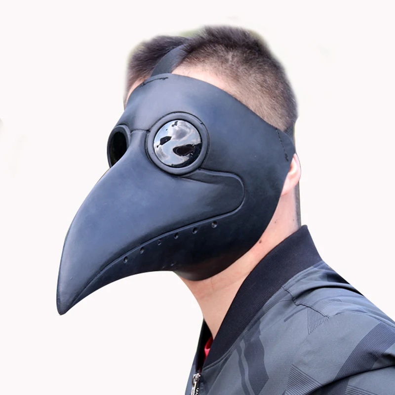 Masque noir Commedia Dell’Arte Médecin De La Peste avec long bec incurvé et œillets ronds en relief porté de profil