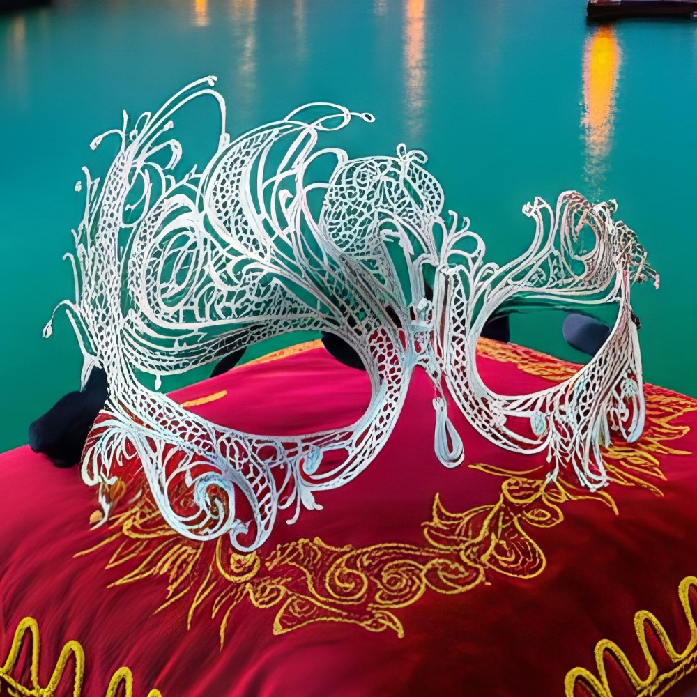 Masque vénitien argenté élégant en métal finement découpé posé sur un coussin rouge brodé doré