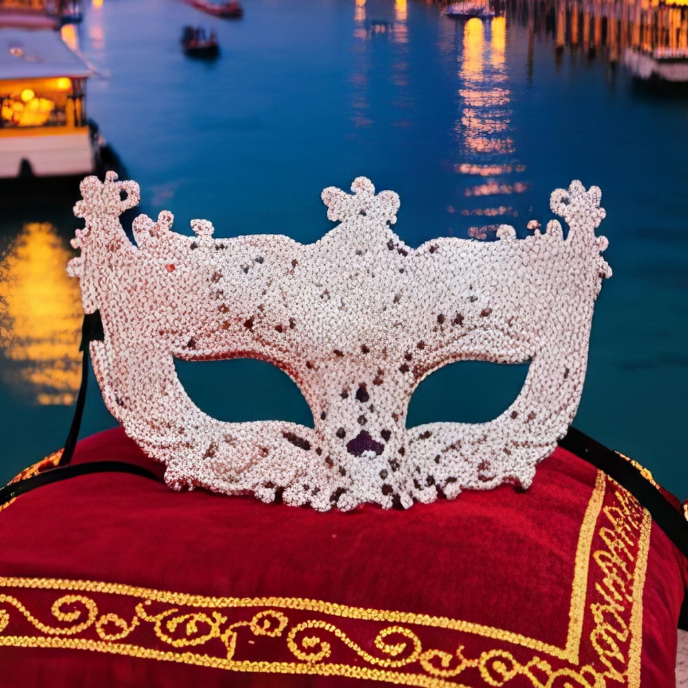 Masque vénitien blanc en dentelle avec motifs baroques ajourés posé sur un coussin rouge brodé