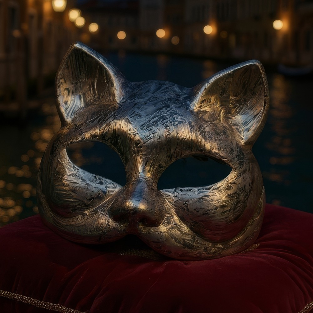Masque vénitien intégral en forme de tête de chat en métal argenté avec motifs gravés vintage