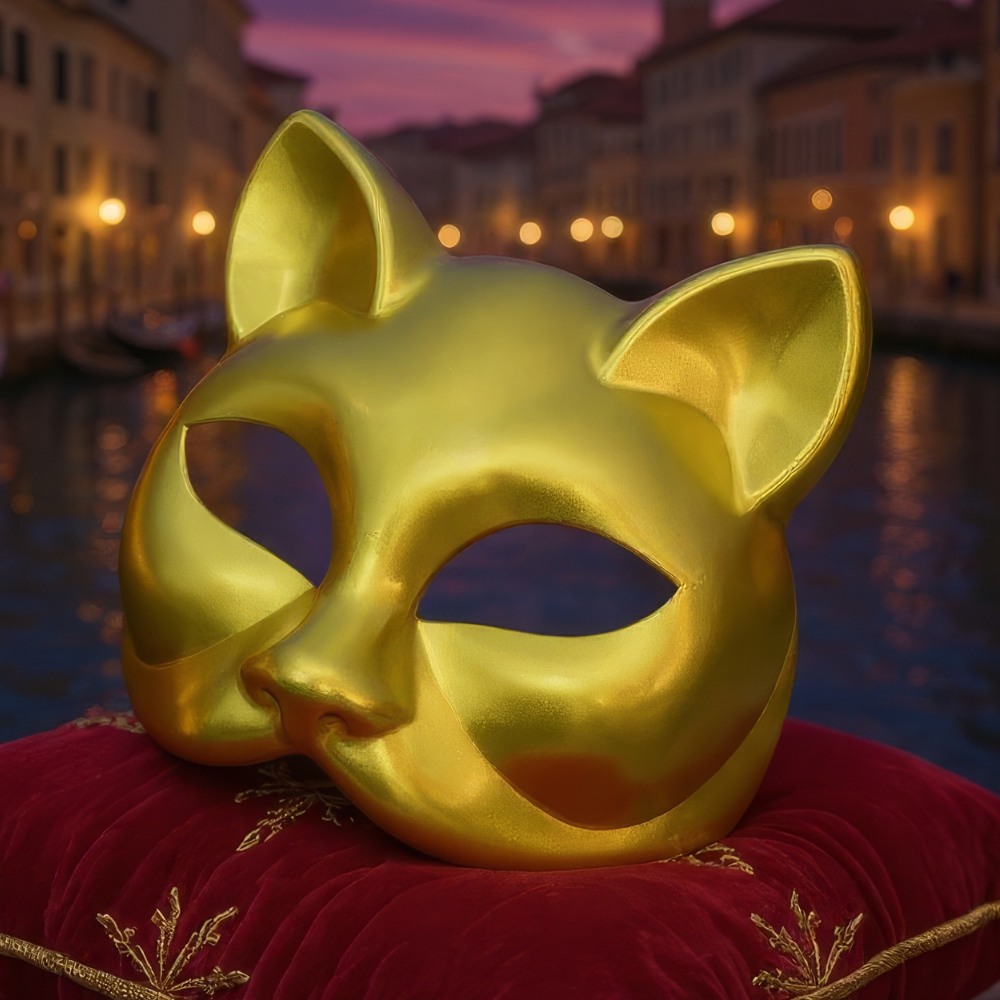 Masque vénitien intégral en forme de tête de chat doré posé sur un coussin rouge brodé avec décor baroque en arrière-plan flou