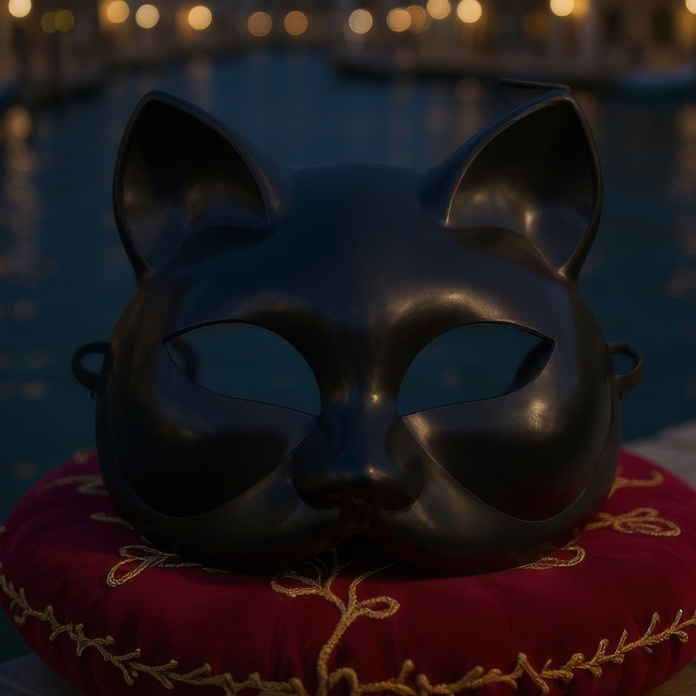 Masque vénitien intégral noir en forme de tête de chat avec finition lisse, posé sur un coussin rouge brodé doré