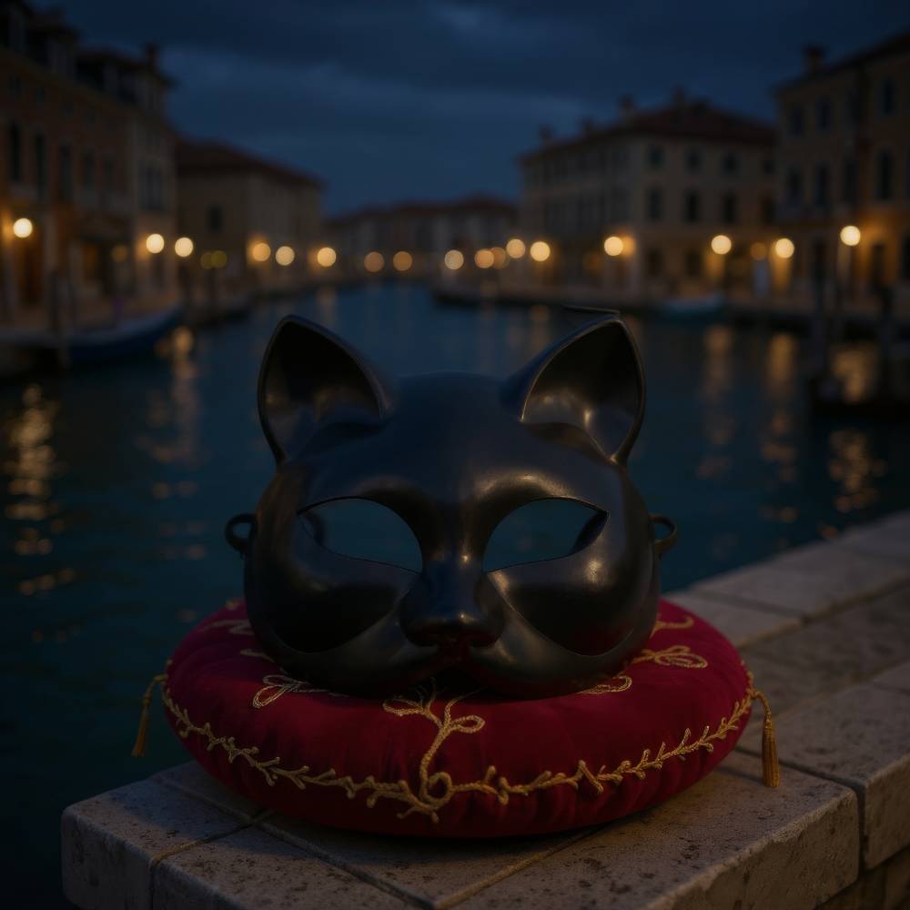 Masque vénitien chat intégral noir en matière lisse posé sur un coussin rouge brodé doré avec un canal de Venise en arrière-plan nocturne