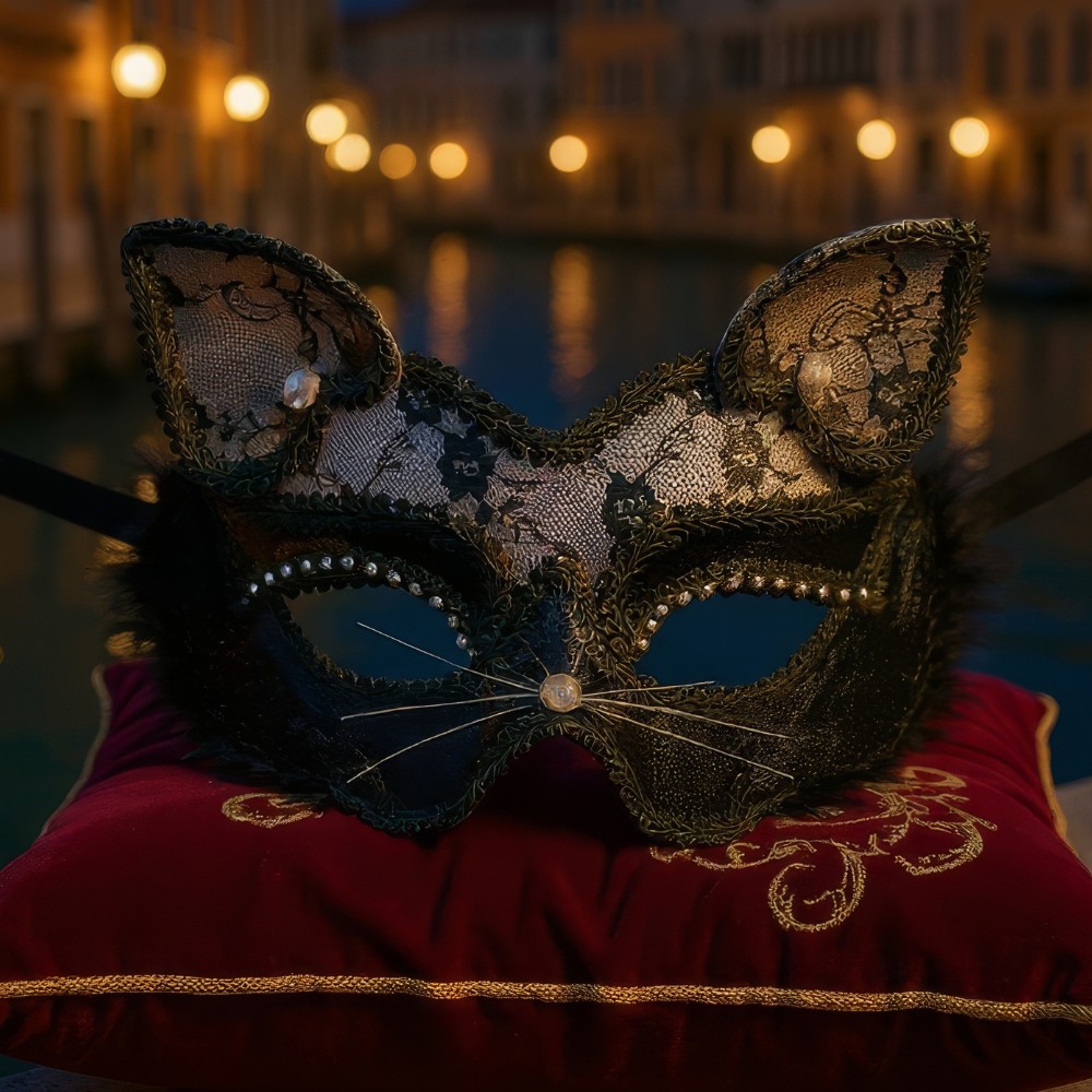 Masque vénitien noir en forme de tête de chat avec dentelle et fourrure, décoré de perles et moustaches, posé sur un coussin rouge brodé, éclairage nocturne en arrière-plan