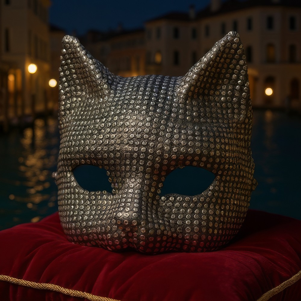 Masque vénitien en forme de tête de chat noir orné de strass brillants posé sur un coussin rouge