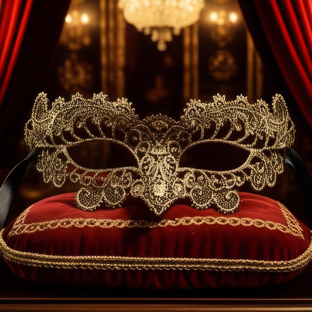 Masque vénitien doré en dentelle fine posé sur un coussin rouge velours avec bordure dorée, décor baroque élégant pour soirée masquée