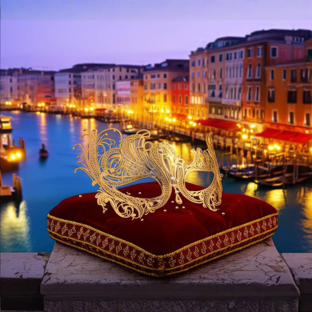 Masque vénitien doré élégant en métal finement découpé posé sur un coussin rouge velours avec bordure dorée, en arrière-plan canal de Venise illuminé au crépuscule