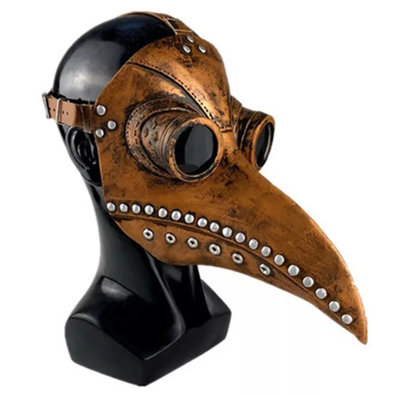 Masque vénitien steampunk bronze médecin de la peste avec rivets métalliques et lentilles rondes sur support noir