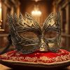 Masque vénitien style armure doré avec motifs gravés et finition métallique, posé sur un coussin rouge brodé