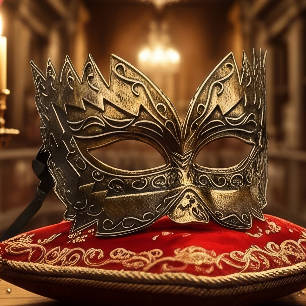 Masque vénitien style armure doré avec motifs gravés et finition métallique, posé sur un coussin rouge brodé