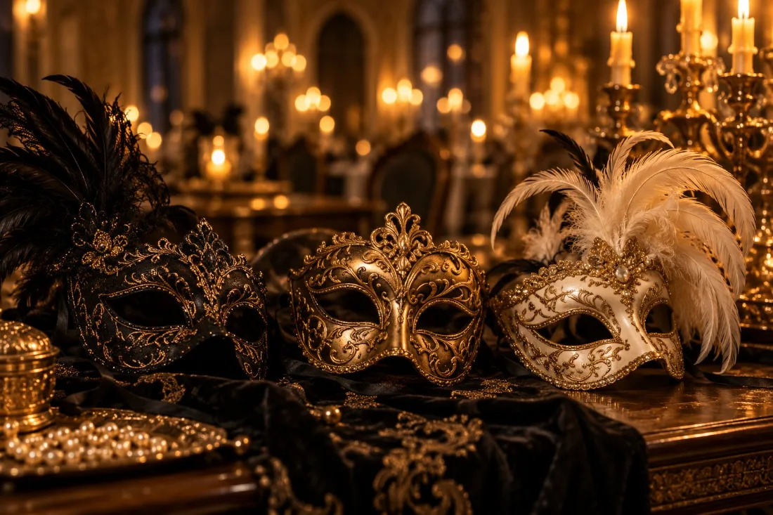 Trois masques vénitiens noir, doré et blanc posés sur du velours noir